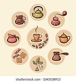 Hot drink icons set with coffee and tea elements in round frames