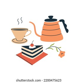 Hot drink, kettle and dessert flat vector illustration. Cup of fresh brewed coffe or tea with tasty piece cake composition. Colorful design decorated by flower isolated on white background