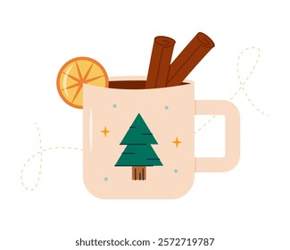 Hot drink with lemon and cinnamon. Warming tea. Winter Christmas hot drink. Vector illustration