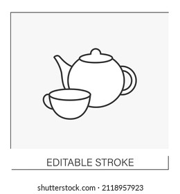  Hot Drink Linie Symbol. Utensils. Gießen Sie Wasser aus dem Wasserkocher in eine nette Tasse. Tee- und Kaffeekonzept. Einzige Vektorgrafik. Bearbeitbarer Hub