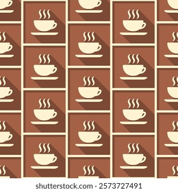 Hot drink long shadow vector seamless pattern. Beige cups of tea or coffee on brown background.