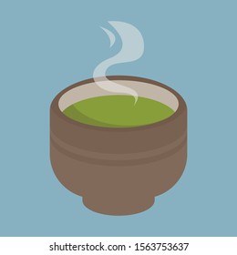 A hot drink made from a match. Smoothies in a ceramic cup on a blue isolated background. Vector illustration in cartoon flat style.