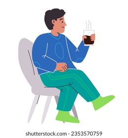 Hot drink man relax sitting holding glass of dark brown coffee  flat vector illustration