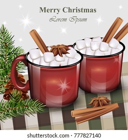 Hot drink with marshmallow red cups. Vector realistic illustrations