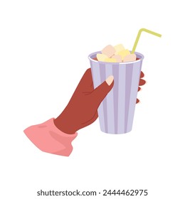 Hot drink with marshmallow. Take away warm beverage, hot coffee or tea cartoon vector illustration