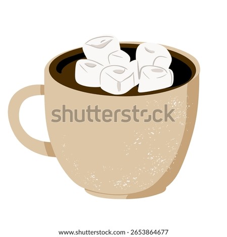 Hot drink with marshmallows. Cozy hand drawn cup illustration for holiday design and greeting cards