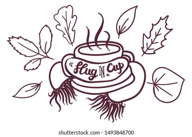 Hot Drink Mug Braided Scarf Decorated Dry Leaves Hand Drawn Banner. Calligraphy Text Slug in Cup and Designed Leaf. Breakfast Beverage Monochrome Stylish Poster Template Vector Flat Illustration