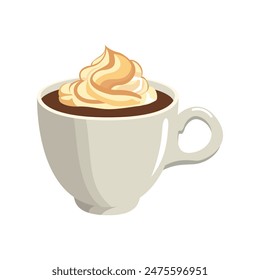 Hot drink in a mug with cream. Vector flat illustration. Tasty drink. Cute greeting card, postcard design.