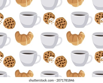 Hot drink mug, croissant, chocolate chip cookies seamless pattern. Coffee and sweets template for coffee shop, restaurant, cafe. Repeated background for wallpaper, wrapping, packing