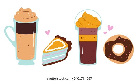 Hot drink mug cup coffee cappuccino milk isolated set concept. Vector flat graphic design illustration