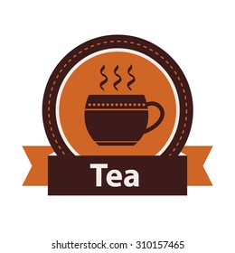 Hot drink mug. Cup of tea. Vector logo in warm colors. Kitchen background.