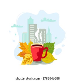 Hot drink mug is on autumn urban view background. Cozy autunm concept. Flat style design. Vector illustration.