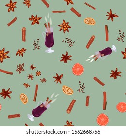 Hot drink mulled wine and spices seamless pattern on green background. Festive textile, web, wrapping paper, background fill.