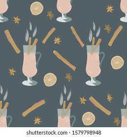 Hot drink mulled wine and spices pink silhouette seamless pattern on grey background.  