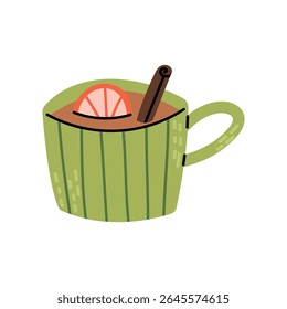 Hot drink with orange and cinnamon in a green mug. Autumn beverage. Flat vector illustration isolated on white background.