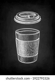 Hot drink in paper cup with lid. Coffee to go. Small size. Chalk sketch mockup on blackboard background. Hand drawn vector illustration. Retro style.