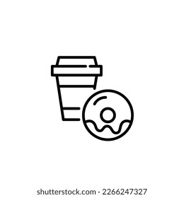 Hot drink in paper takeout cup with glazed donut. Pixel perfect, editable stroke icon