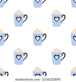 hot drink pattern, seamless cups with warm drink, vector flat repeated background for wallpaper, wrapping, packing, textile