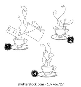 Hot drink preparation. Making instant coffee. Icons, vector set.