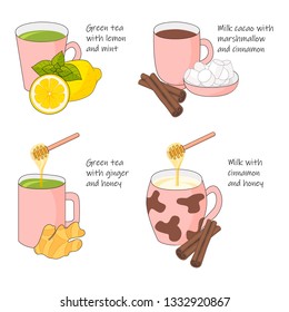 Hot drink recipe. Isolated flat object set.