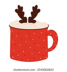 Hot drink in a red mug. Christmas cocoa with chocolate. Winter holiday drinks.