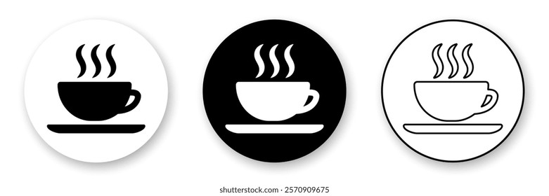 Hot drink round icons collection. Set of three variants in black and white colors.