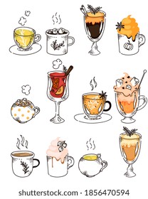 Hot drink in row. Herbal, berry tea, coffee, cocktail, mulled wine, cacao with marshmallow, cinnamon, fruit, vanilla or peppermint beverage outline sketch vector illustration on white background