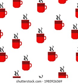 Hot drink seamless pattern, bright red cup with a cozy pattern on a white background vector illustration for design