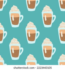 Hot drink seamless pattern. Christmas collection. Flat vector illustration of a unicorn heart