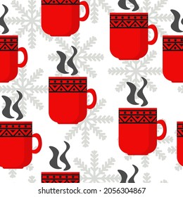 hot drink seamless pattern, cozy red mug and snowflakes on white background vector illustration