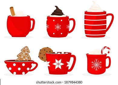 Hot drink set for the Christmas holiday. winter holiday Christmas cup set with hot drinks. Cocoa with marshmallows, winter warming drinks and a cup of hot espresso. Vector illustration