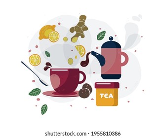 Hot drink set. Teapot, cup, tea can, cookies, lemon, spoon, mint, ginger. Cozy lifestyle. Hot drinks card, print or poster. Design elements. Flat vector illustration