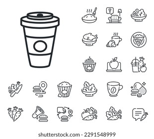 Hot drink sign. Crepe, sweet popcorn and salad outline icons. Takeaway Coffee or Tea line icon. Beverage symbol. Takeaway Coffee line sign. Pasta spaghetti, fresh juice icon. Supply chain. Vector