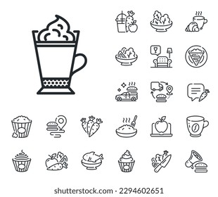 Hot drink sign. Crepe, sweet popcorn and salad outline icons. Latte coffee with Whipped cream icon. Beverage symbol. Latte coffee line sign. Pasta spaghetti, fresh juice icon. Supply chain. Vector