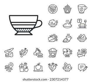 Hot drink sign. Crepe, sweet popcorn and salad outline icons. Mocha coffee icon. Beverage symbol. Mocha line sign. Pasta spaghetti, fresh juice icon. Supply chain. Vector