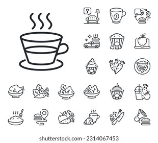 Hot drink sign. Crepe, sweet popcorn and salad outline icons. Coffee and Tea line icon. Fresh beverage symbol. Coffee cup line sign. Pasta spaghetti, fresh juice icon. Supply chain. Vector