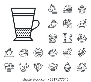 Hot drink sign. Crepe, sweet popcorn and salad outline icons. Double Latte coffee icon. Beverage symbol. Double Latte line sign. Pasta spaghetti, fresh juice icon. Supply chain. Vector