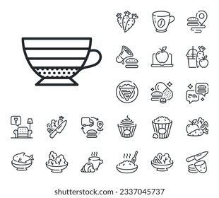 Hot drink sign. Crepe, sweet popcorn and salad outline icons. Cappuccino coffee icon. Beverage symbol. Cappuccino line sign. Pasta spaghetti, fresh juice icon. Supply chain. Vector