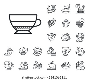 Hot drink sign. Crepe, sweet popcorn and salad outline icons. Americano coffee icon. Beverage symbol. Americano line sign. Pasta spaghetti, fresh juice icon. Supply chain. Vector