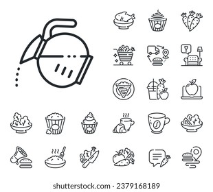 Hot drink sign. Crepe, sweet popcorn and salad outline icons. Coffee pot line icon. Tea glass mug symbol. Coffee pot line sign. Pasta spaghetti, fresh juice icon. Supply chain. Vector