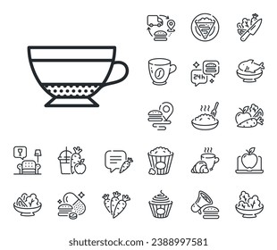 Hot drink sign. Crepe, sweet popcorn and salad outline icons. Dry Cappuccino coffee icon. Beverage symbol. Dry Cappuccino line sign. Pasta spaghetti, fresh juice icon. Supply chain. Vector