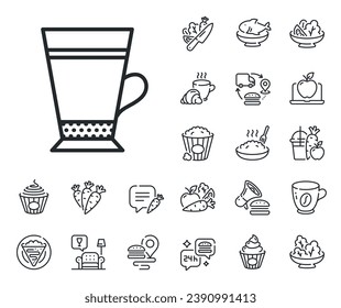 Hot drink sign. Crepe, sweet popcorn and salad outline icons. Latte coffee icon. Beverage symbol. Latte line sign. Pasta spaghetti, fresh juice icon. Supply chain. Vector