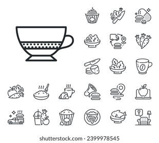 Hot drink sign. Crepe, sweet popcorn and salad outline icons. Bombon coffee icon. Beverage symbol. Bombon coffee line sign. Pasta spaghetti, fresh juice icon. Supply chain. Vector