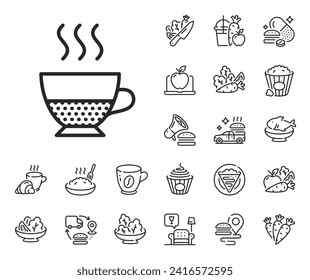 Hot drink sign. Crepe, sweet popcorn and salad outline icons. Doppio coffee icon. Beverage symbol. Doppio line sign. Pasta spaghetti, fresh juice icon. Supply chain. Vector