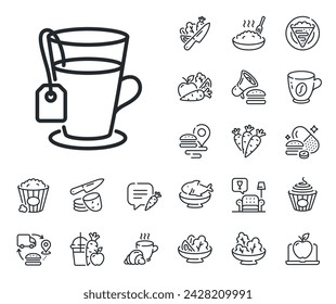 Hot drink sign. Crepe, sweet popcorn and salad outline icons. Tea with bag line icon. Fresh beverage symbol. Tea line sign. Pasta spaghetti, fresh juice icon. Supply chain. Vector