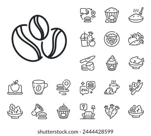 Hot drink sign. Crepe, sweet popcorn and salad outline icons. Coffee beans line icon. Whole bean beverage symbol. Coffee-berry beans line sign. Pasta spaghetti, fresh juice icon. Supply chain. Vector