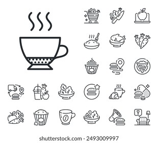 Hot drink sign. Crepe, sweet popcorn and salad outline icons. Espresso coffee icon. Beverage symbol. Espresso line sign. Pasta spaghetti, fresh juice icon. Supply chain. Vector