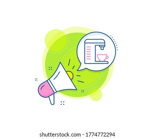 Hot drink sign. Megaphone promotion complex icon. Coffee machine line icon. Fresh beverage symbol. Business marketing banner. Coffee machine sign. Vector