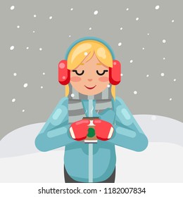 Hot drink tea coffee winter cute girl flat cup design vector illustration