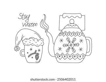 Hot drink. Tea in teapot and cup. Keep warm. Hand lettering. Winter season. Tea ceremony. Christmas ornament, snowflakes. Kettle, dishes. Drawings, doodles. 